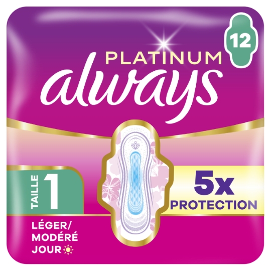 Serviettes Hygiéniques avec Ailettes Flux Léger à Modéré Taille 1 Platinum ALWAYS