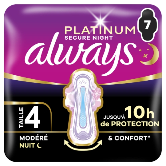 Serviettes Hygiéniques avec Ailettes Flux Modéré Taille 4 Platinium Secure Night ALWAYS