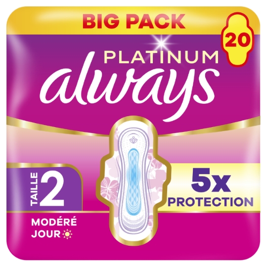 Serviettes Hygiéniques avec Ailettes Flux Modéré Taille 2 Platinum ALWAYS