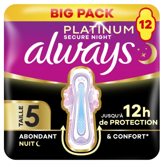 Serviettes Hygiéniques avec Ailettes Flux Abondant Taille 5 Platinium Secure Night ALWAYS