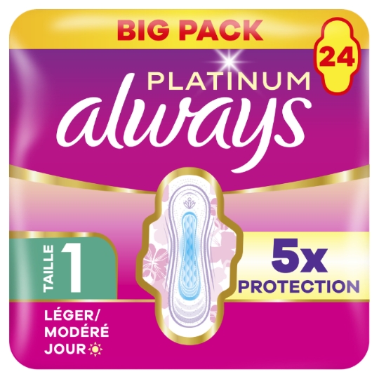 Serviettes Hygiéniques avec Ailettes Flux Léger à Modéré Taille 1 Platinum ALWAYS