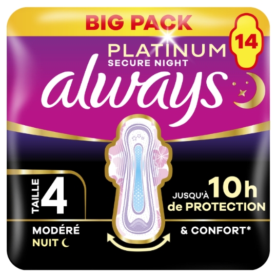 Serviettes Hygiéniques avec Aillettes Flux Modéré Taille 4 Platinum Secure Night ALWAYS