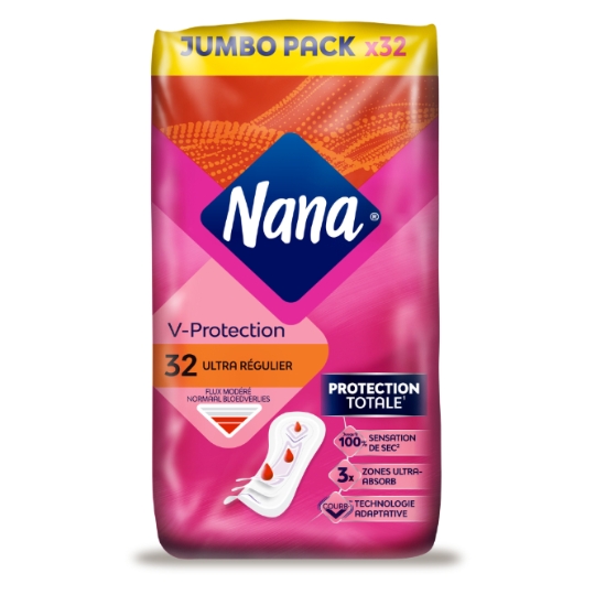 Serviettes Hygiéniques sans Ailettes Ultra Régulier V-Protection NANA