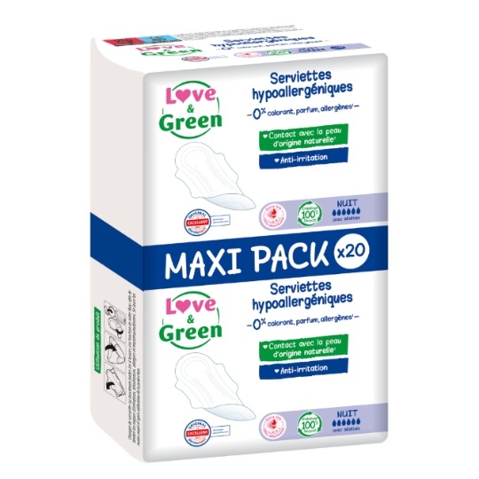 Serviettes Hygiéniques Hypoallergéniques avec Aillettes Flux Normal Extra Fine Ultra Absorbante LOVE AND GREEN