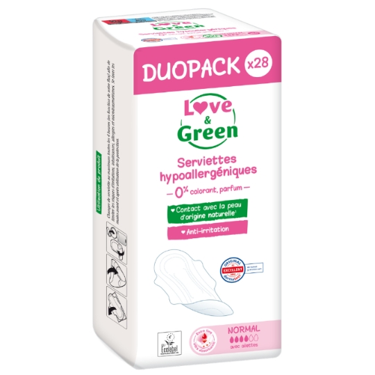 Serviettes Hygiéniques Hypoallergéniques avec Aillettes Flux Abondant Extra Fine Ultra Absorbante LOVE AND GREEN