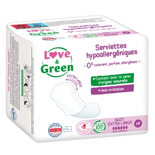 Serviettes Hygiéniques Hypoallergénique avec Ailettes Nuit Extra Large LOVE AND GREEN