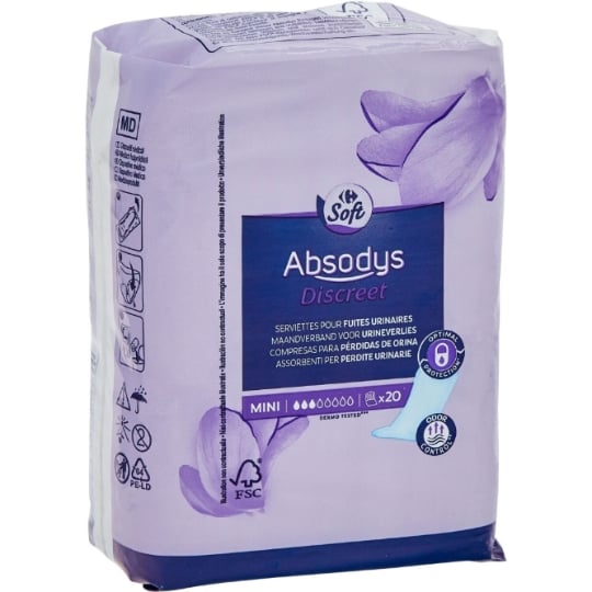 Serviettes Fuite Urinaire Mini Absodys Discreet CARREFOUR SOFT