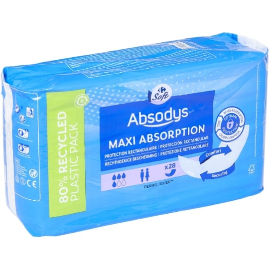 Serviettes hygiéniques fuites urinaires Mixtes Maxi Absorption Absodys CARREFOUR SOFT