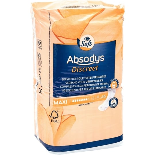 Serviettes Fuite Urinaire Maxi Absodys Discreet CARREFOUR SOFT