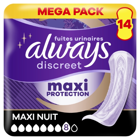 Serviettes Hygiéniques pour Fuites Urinaires Femmes Maxi Nuit Absorption 8 Discreet ALWAYS