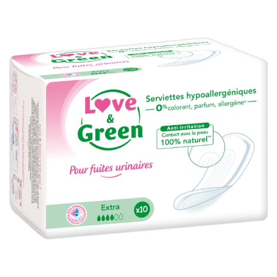 Serviettes fuites urinaires Extra Hypoallergéniques Anti-irritation 100% naturel LOVE & GREEN