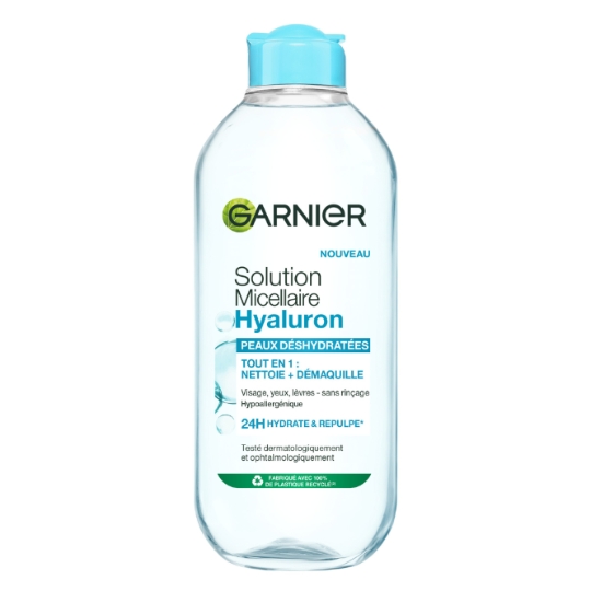 Eau micellaire Visage Yeux Lèvres Peaux Déshydratées Sensibles Tout En 1 Nettoie Démaquille Hydrate Repulpe Apaise À L'Acide Hyaluronique Hypoallergénique Skin Active GARNIER