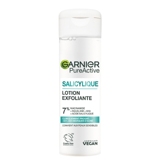 Lotion Visage Exfoliante Réduit les Marques d'Acné Niacinamide Squalane AHA Acide Salicylique Pure Active GARNIER