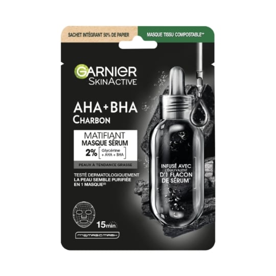 Masque Tissu Purifiant Réduit les Pores Charbon Végétal Algue Noire Acide Hyaluronique Skin Active GARNIER