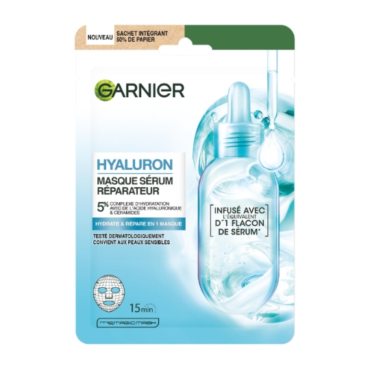 Masque Visage Tissu Sérum Réparateur Hydratant Acide Hyaluronique Céramides Peaux Sensibles GARNIER