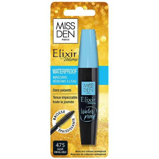 Mascara Waterproof Volume Intense Sans Paquets Tenue Impeccable Toute La Journée Brosse Épaississante Teinte 475 Noir Infaillible Gamme Elixir Volume MISS DEN