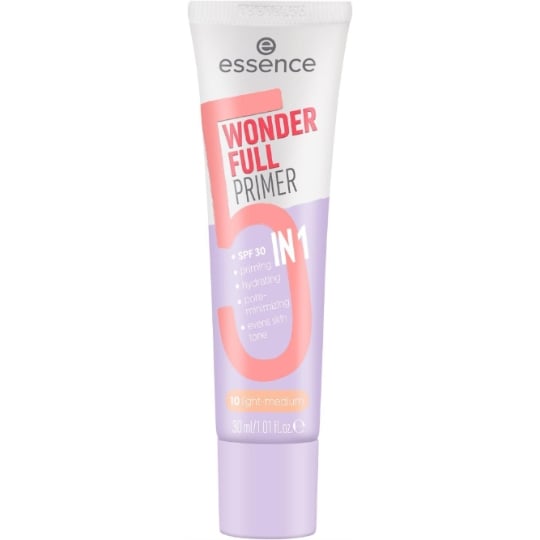 Base de teint Fluide 5 En 1 Priming Hydratant Minimise Pores Unifie Teint Matifiant Teinte Light Medium (10) SPF30 Wonder Full Primer ESSENCE