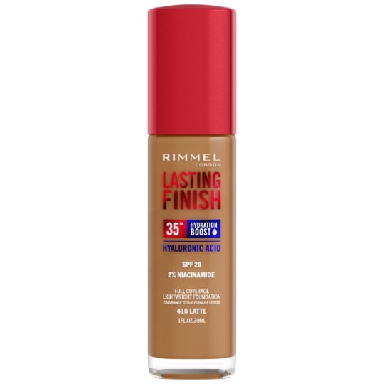 Fond de Teint Liquide Acide Hyaluronique Niacinamide 35h Hydratation Boost Léger Haute Couvrance Waterproof Teinte 410 Latte SPF20 Lasting Finish RIMMEL