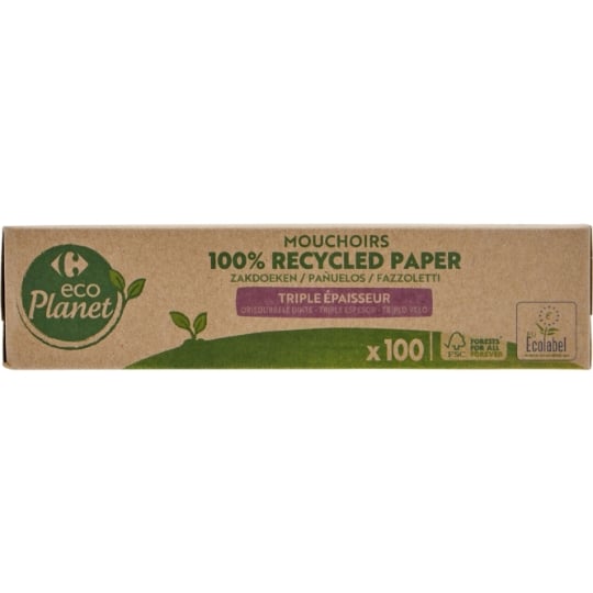 Mouchoirs blancs triple épaisseur 100% papier recyclé CARREFOUR ECO PLANET