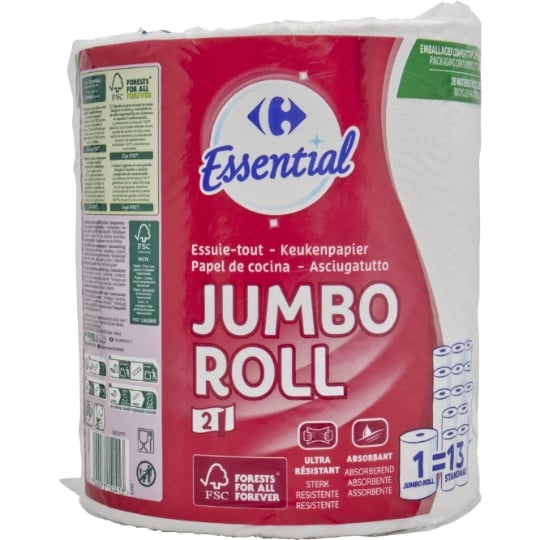 Papier essuie-tout jumbo ultra absorbant et résistant  CARREFOUR ESSENTIAL