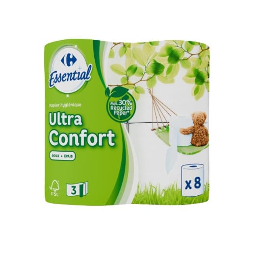 papier toilette 3 plis avec minimum 30% de fibres recyclées Ultra Confort CARREFOUR ESSENTIAL