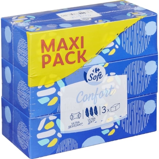 Mouchoirs en papier confort ultra soft et ultra résistant Confort 3 Epaisseurs Ultra Doux FSC CARREFOUR SOFT