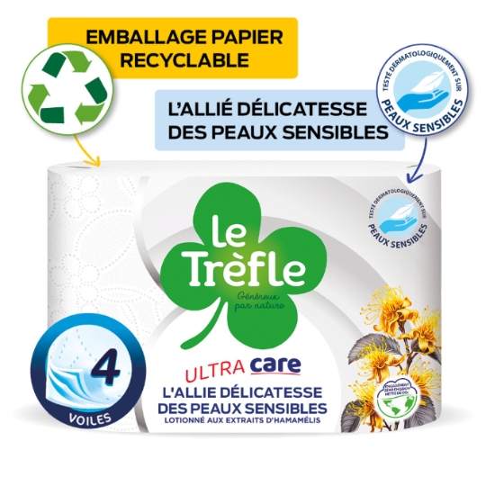 Papier Toilette Ultra Care 4 Voiles pour Peaux Sensibles Lotionné aux Extraits d'Hamamélis LE TREFLE