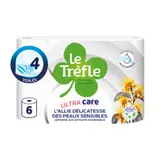 Papier Toilette Ultra Care 4 Voiles pour Peaux Sensibles Lotionné aux Extraits d'Hamamélis LE TREFLE