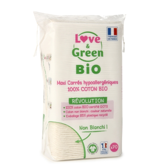 Cotons Carrés Bébé Bio Hypoallergéniques Visage Et Corps LOVE AND GREEN