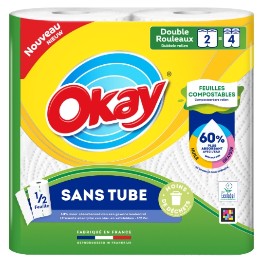 Essuie-Tout Double Rouleaux Sans Tube Hyper Absorbant OKAY