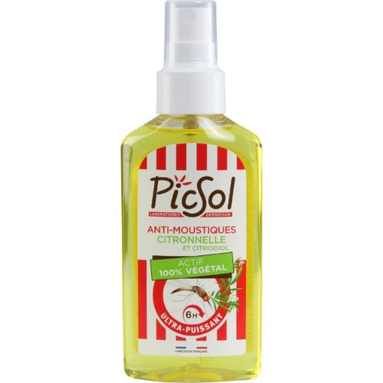 Anti-moustiques Répulsif Ultra Puissant Jusqu'à 6h Effet 100% Végétal Citronnelle et Citriodiol PICSOL