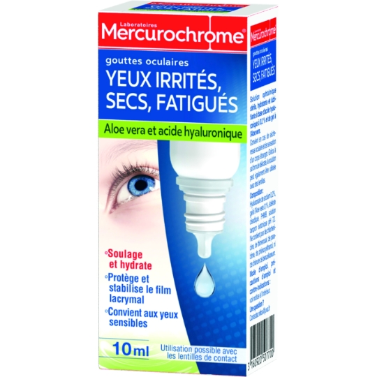 Gouttes Oculaires Yeux Irrités Secs Fatigués à l'Aloe Vera et Acide Hyaluronique Soulage Hydrate MERCUROCHROME