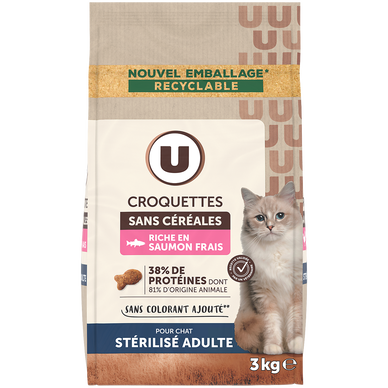 Croquettes sans céréales riche en saumon frais pour chat adulte stérilisé  3kg
