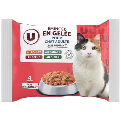 Sachet fraîcheur pour chat Emincés en gelée cnrd/plt/dinde/foie volaille st4x100g