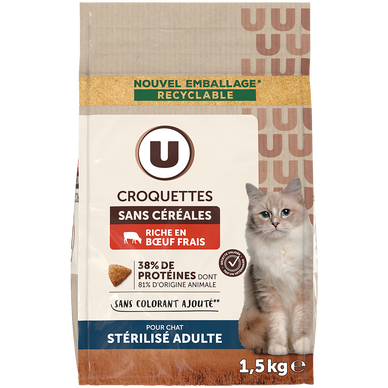 Croquettes sans céréales.riche en boeuf frais pour chat adulte stérilisé  1,5kg