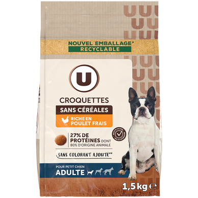 Croquettes sans céréales riche en poulet frais petit chien 1,5kg