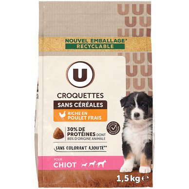 Croquettes sans céréales riche en poulet frais pour chiot  1,5kg