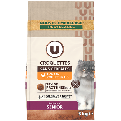 Croquettes pour chat senior, sans céréales, riches en poulet  3kg