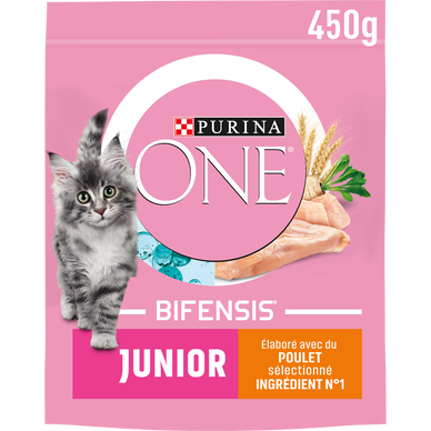 Croquettes pour chaton JUNIOR Poulet, Céréales Complètes PURINA ONE -450g