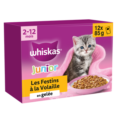 Sachets fraîcheur chaton Les Festins à la volaille en gelée 4 variétésWHISKAS -12x85g