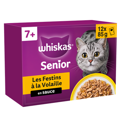 Sachets fraîcheur chat sénior Les Festins à la volaille en sauce WHISKAS -12x85g