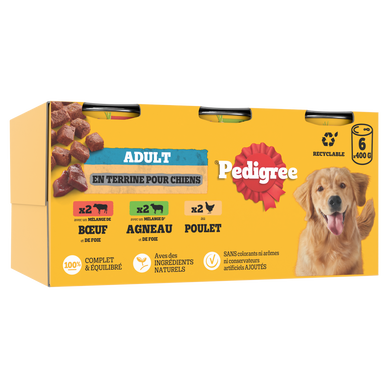 Boîtes chien en terrine au boeuf, au poulet et à l'agneau PEDIGREE - 6x400g
