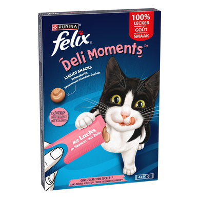 Deli Moments de savoureuses friandises liquides pour chat au saumon FELIX 4x10g