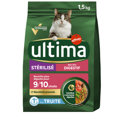 Croquettes pour chats stérilisés sensibles à la truite et à l'orge ULTIMA, 1,5Kg