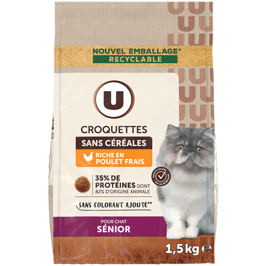 Croquettes sans céréales riches en poulet frais pour chat sénior  1,5kg