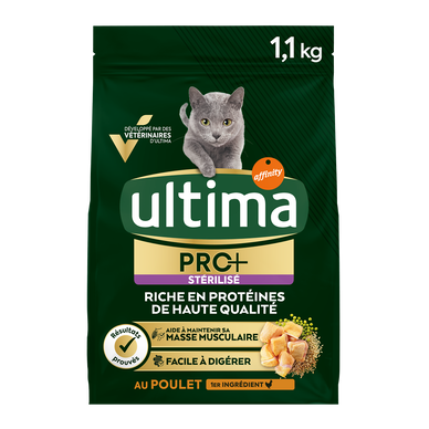 Croquettes Chat Stérilisé Pro+ Adulte Poulet ULTIMA, 1,1 kg