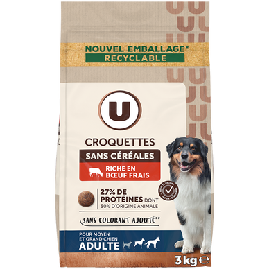 Croquettes sans céréales riche en boeuf frais pour chien U 3kg