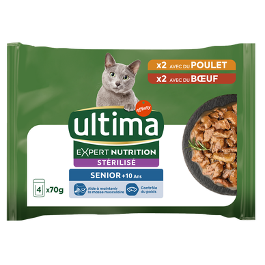 ULTIMA Expert Nutrition Chat Stérilisé Senior 2 poulet x70g 2 boeuf x70g 4x70g