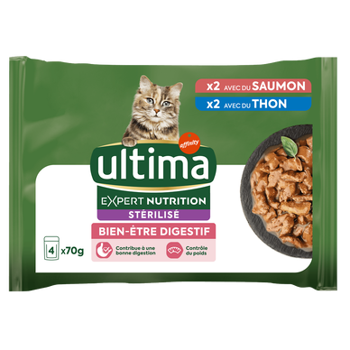 ULTIMA Expert Nutrition Chat Stérilisé Bien-Être Digestif 2 saumon 2x70g 2 thon 2x70g 4x70g