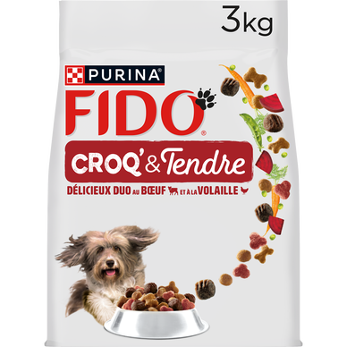Croquettes pour chien adulte CROQ & TENDRE Boeuf, Volaille FIDO - 3kg